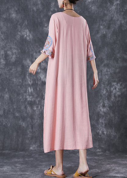 Pink Embroidered Linen a Line Dress Half Sleeve