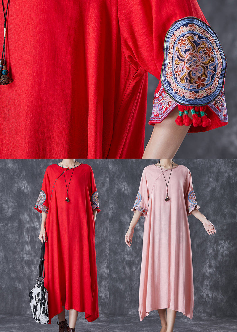 Pink Embroidered Linen a Line Dress Half Sleeve