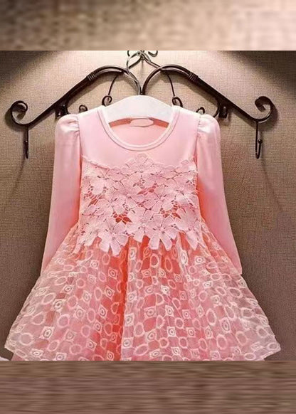 Pink Hollow Out Tulle Patchwork Mid Dress Fall