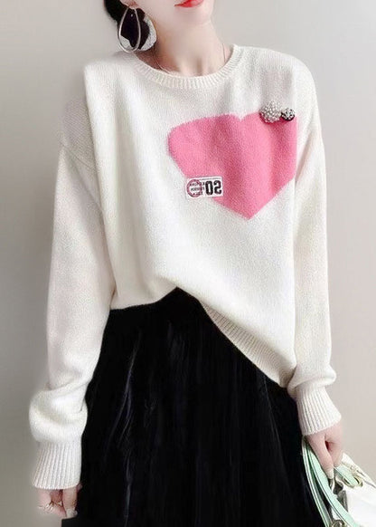 Pink O-neck Love Jacquard Nail Bead Knit Top Winter