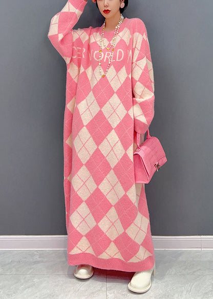 Pink O Neck Oversized Plaid Knit Long Dress Winter