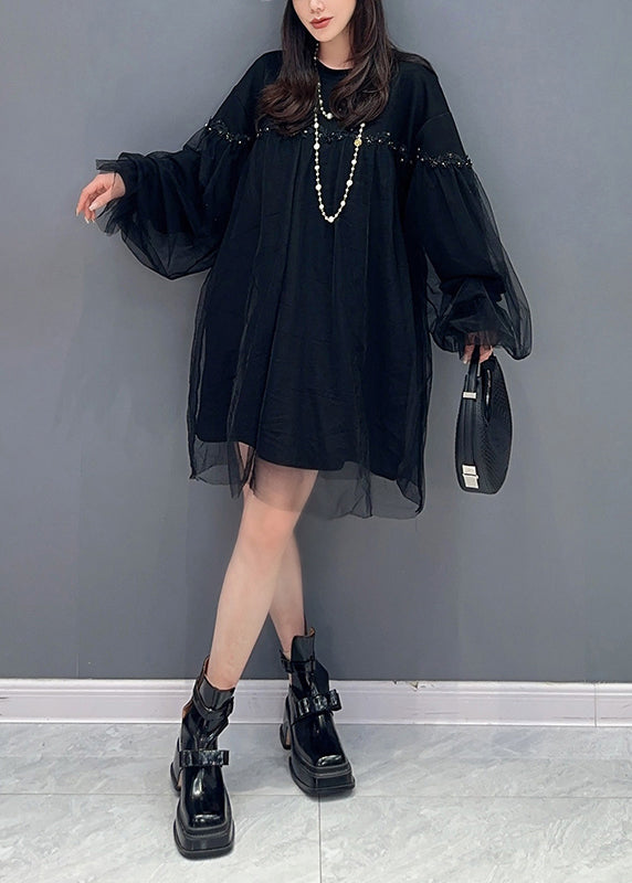 Pink O Neck Tulle Patchwork Cotton Mid Dresses Fall