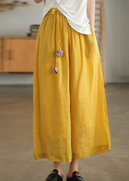 Pink Pockets Lace Up Elastic Waist Linen Wide Leg Pants Summer
