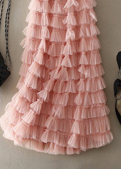 Pink Ruffled Patchwork Tulle Skirt Spring