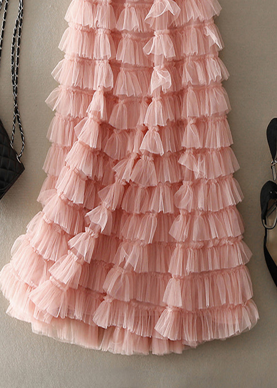 Pink Ruffled Patchwork Tulle Skirt Spring