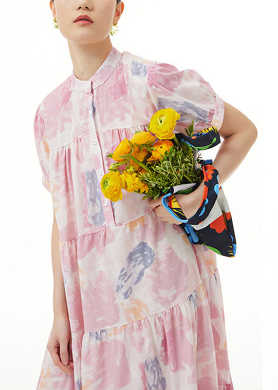 Pink Stand Collar Patchwork Maxi Dress Summer Short Sleeve