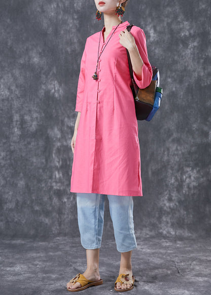 Pink V Neck Button Cotton Shirt Dresses Bracelet Sleeve
