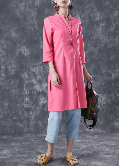 Pink V Neck Button Cotton Shirt Dresses Bracelet Sleeve