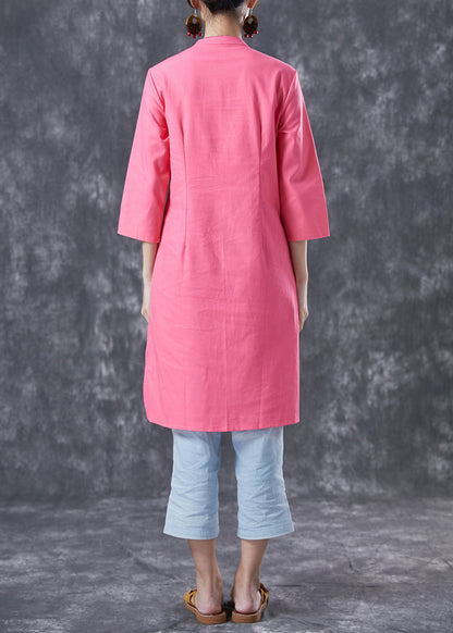 Pink V Neck Button Cotton Shirt Dresses Bracelet Sleeve