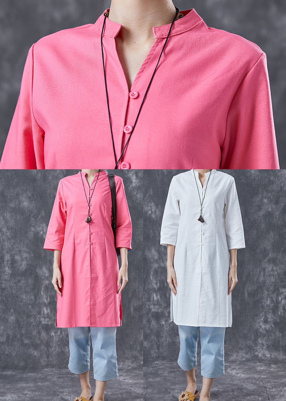 Pink V Neck Button Cotton Shirt Dresses Bracelet Sleeve