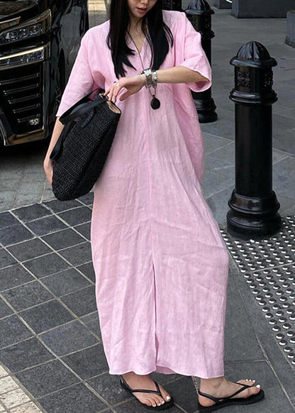 Pink V Neck Cotton Long Dresses Summer