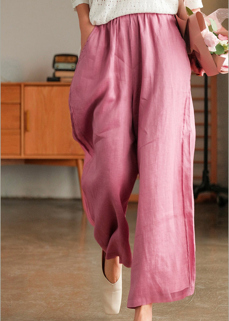 Pink Elastic Waist Pockets Linen Wide Leg Pants Spring