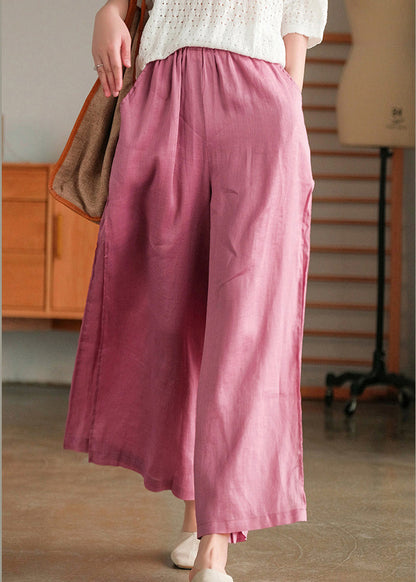 Pink Elastic Waist Pockets Linen Wide Leg Pants Spring
