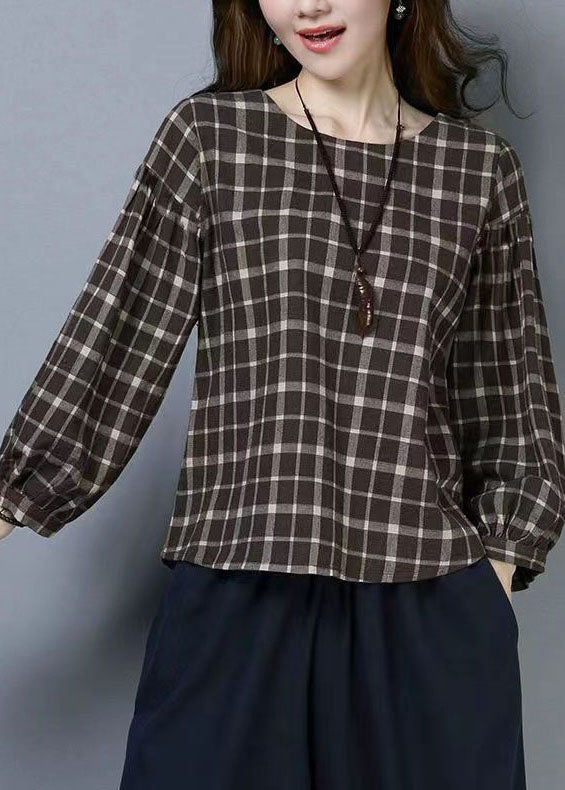 Plaid O Neck Patchwork Cotton T Shirts Tops Long Sleeve