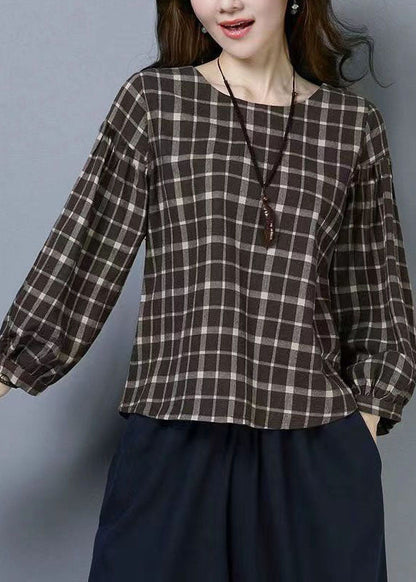 Plaid O Neck Patchwork Cotton T Shirts Tops Long Sleeve