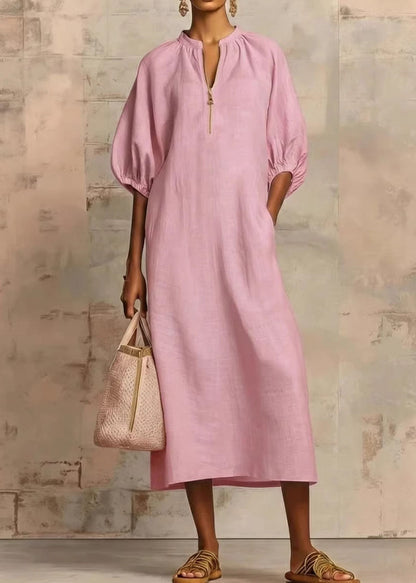 Pink Zip Up Puff Sleeve Cotton Dresses