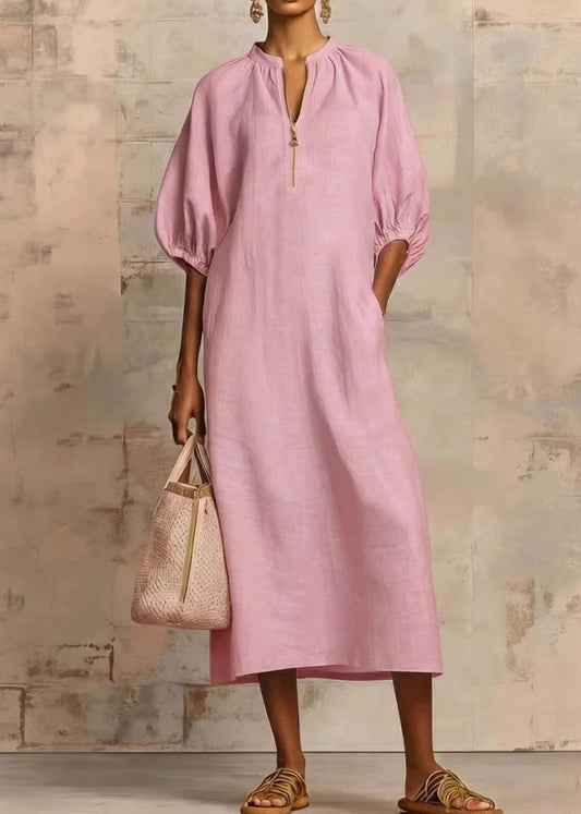 Pink Zip Up Puff Sleeve Cotton Dresses
