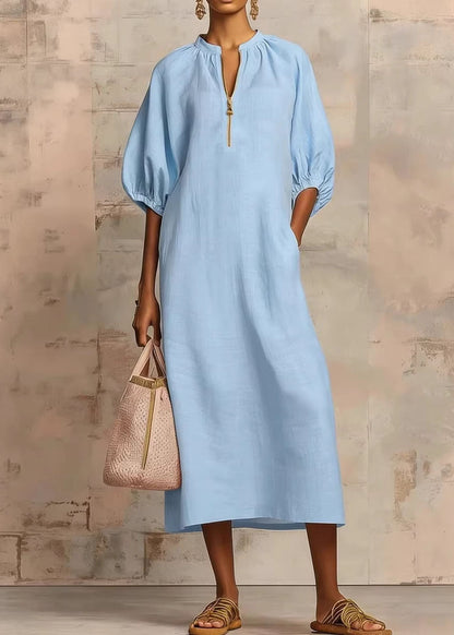 Pink Zip Up Puff Sleeve Cotton Dresses