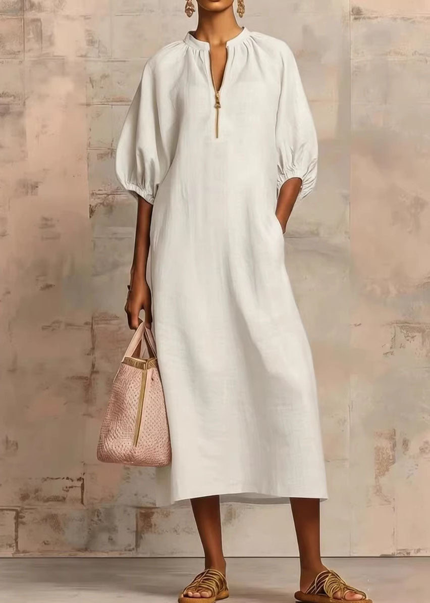 Pink Zip Up Puff Sleeve Cotton Dresses