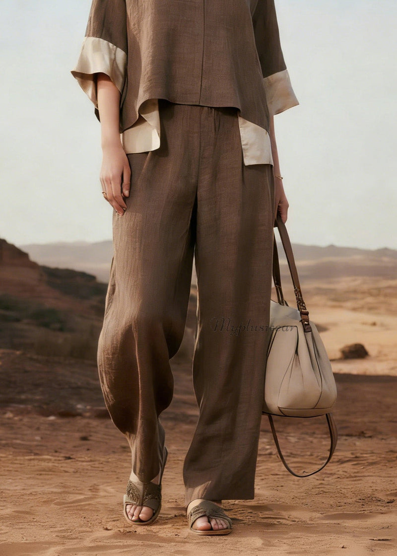 V Neck Patchwork Linen Two Pieces Set Summer