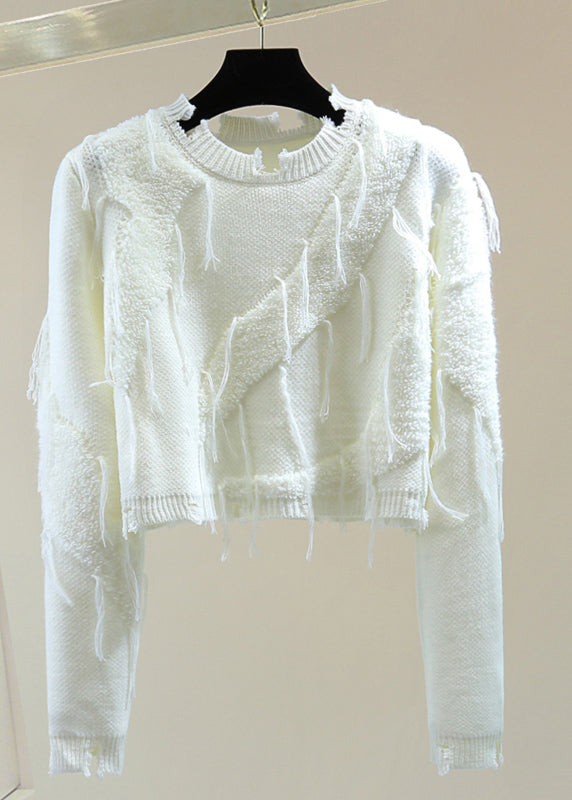 Purple O-neck Ripped Tassel Cotton Knit Sweater Winter