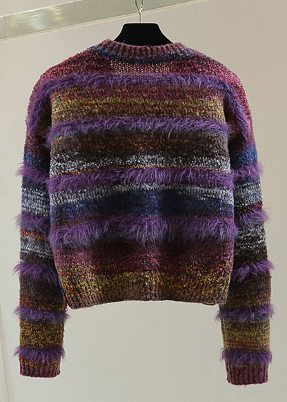 Purple O-neck Thick Striped Cotton Knit Sweater Top Winter