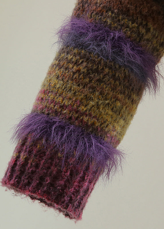 Purple O-neck Thick Striped Cotton Knit Sweater Top Winter