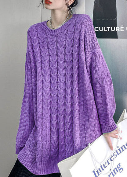Purple O-neck Cable Knit Sweaters Loose Fall Sweater