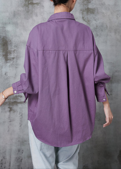Purple Oversized Pockets Cotton Blouses Spring