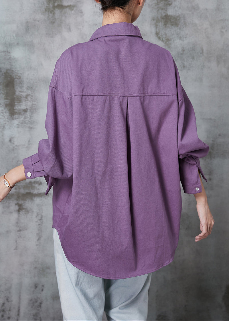 Purple Oversized Pockets Cotton Blouses Spring
