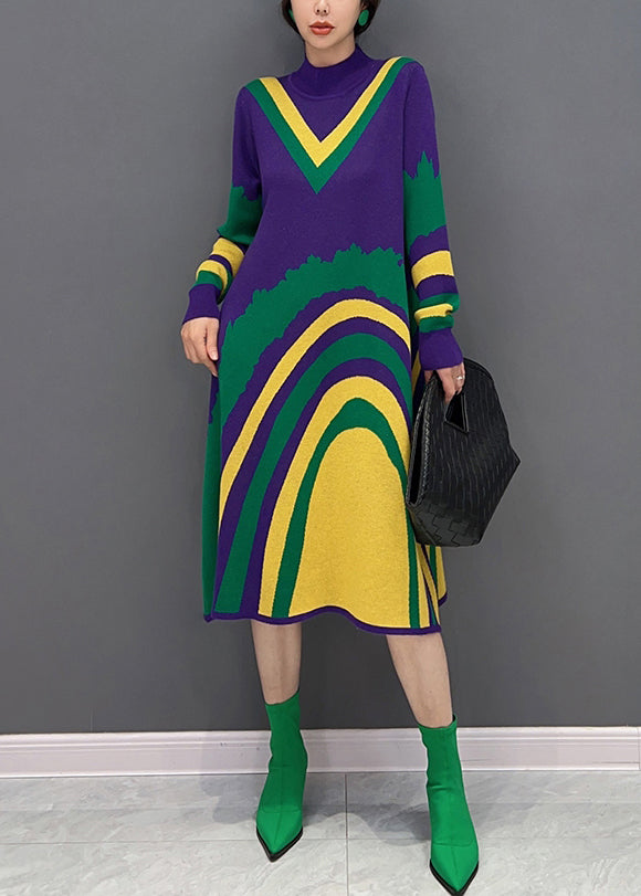 Purple Turtleneck Striped Knit Vacation Dresses Fall