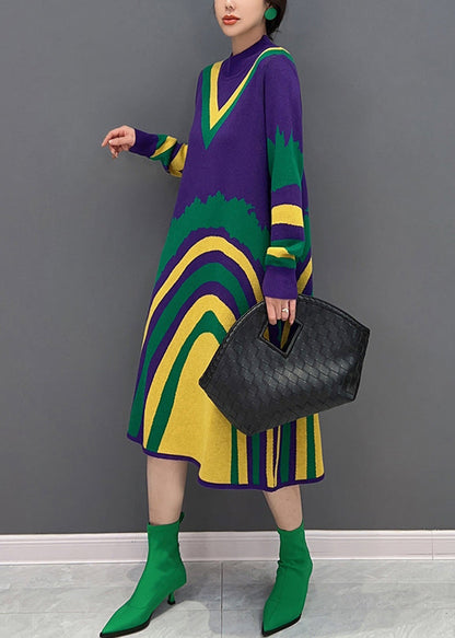 Purple Turtleneck Striped Knit Vacation Dresses Fall