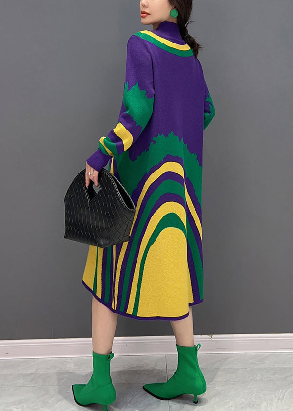 Purple Turtleneck Striped Knit Vacation Dresses Fall