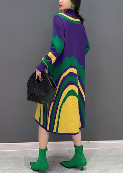 Purple Turtleneck Striped Knit Vacation Dresses Fall