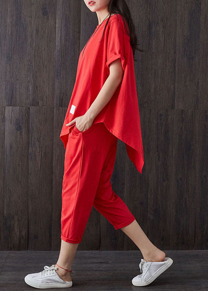 Red O-neck Asymmetrical Design Patchwork Cotton Two Pieces Set Summer