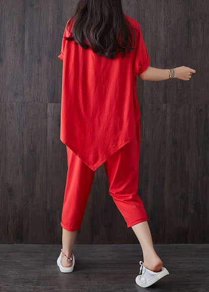 Red O-neck Asymmetrical Design Patchwork Cotton Two Pieces Set Summer