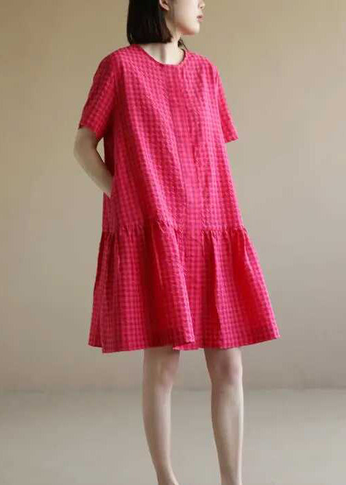 Red O Neck Plaid Cotton Mid Dresses Summer