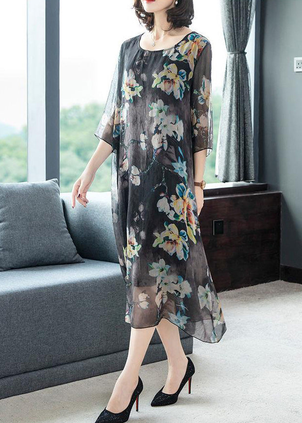 Red O-neck Print Silk Maxi Dresses Half Sleeve