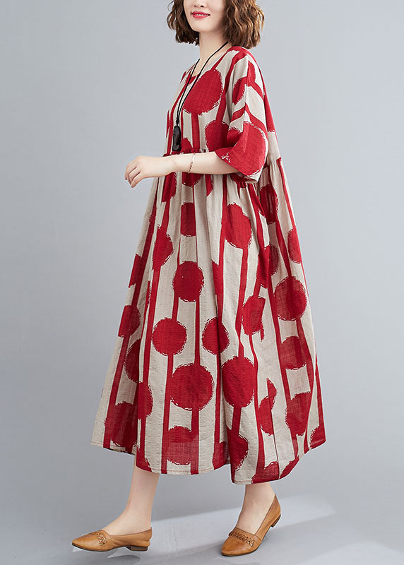Red O-neck Print Wrinkled Exra Large Hem Cotton Long Dresses Short Sleeve