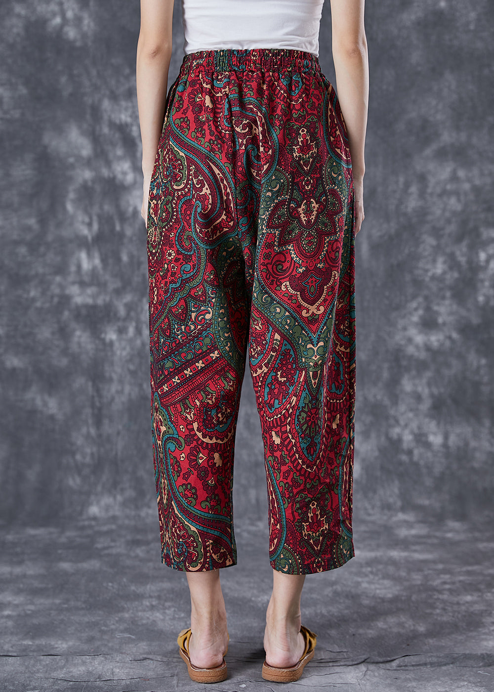 Red Oversized Pockets Print Linen Pants Trousers Summer