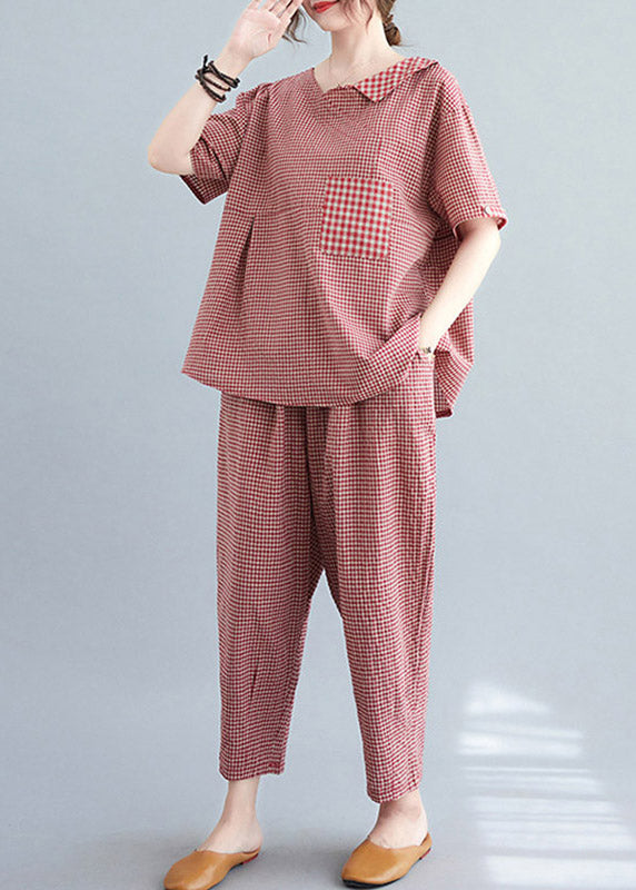Red Plaid Asymmetrical Pockets Top and Crop Pants Two Pieces Set Summer