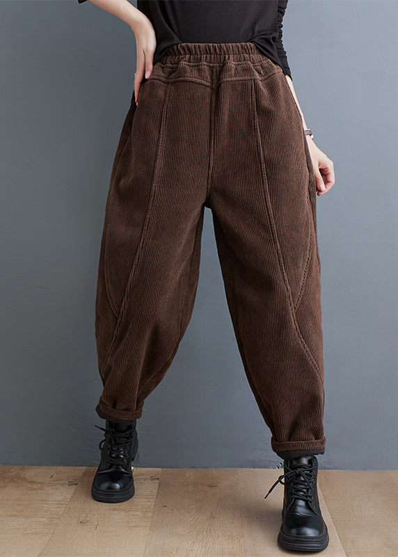 Red Pockets Elastic Waist Corduroy Warm Fleece Pants Winter