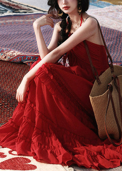 Red Ruffled Exra Large Hem Cotton Cami Dresses Summer