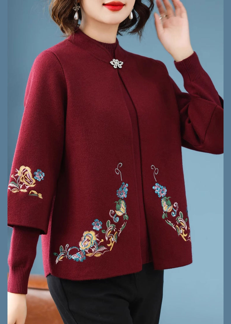 Red Stand Collar Cotton Knit Cardigans and Sweater Two Piece Set Spring