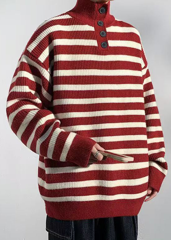 Red Striped Button Knit Sweaters Winter