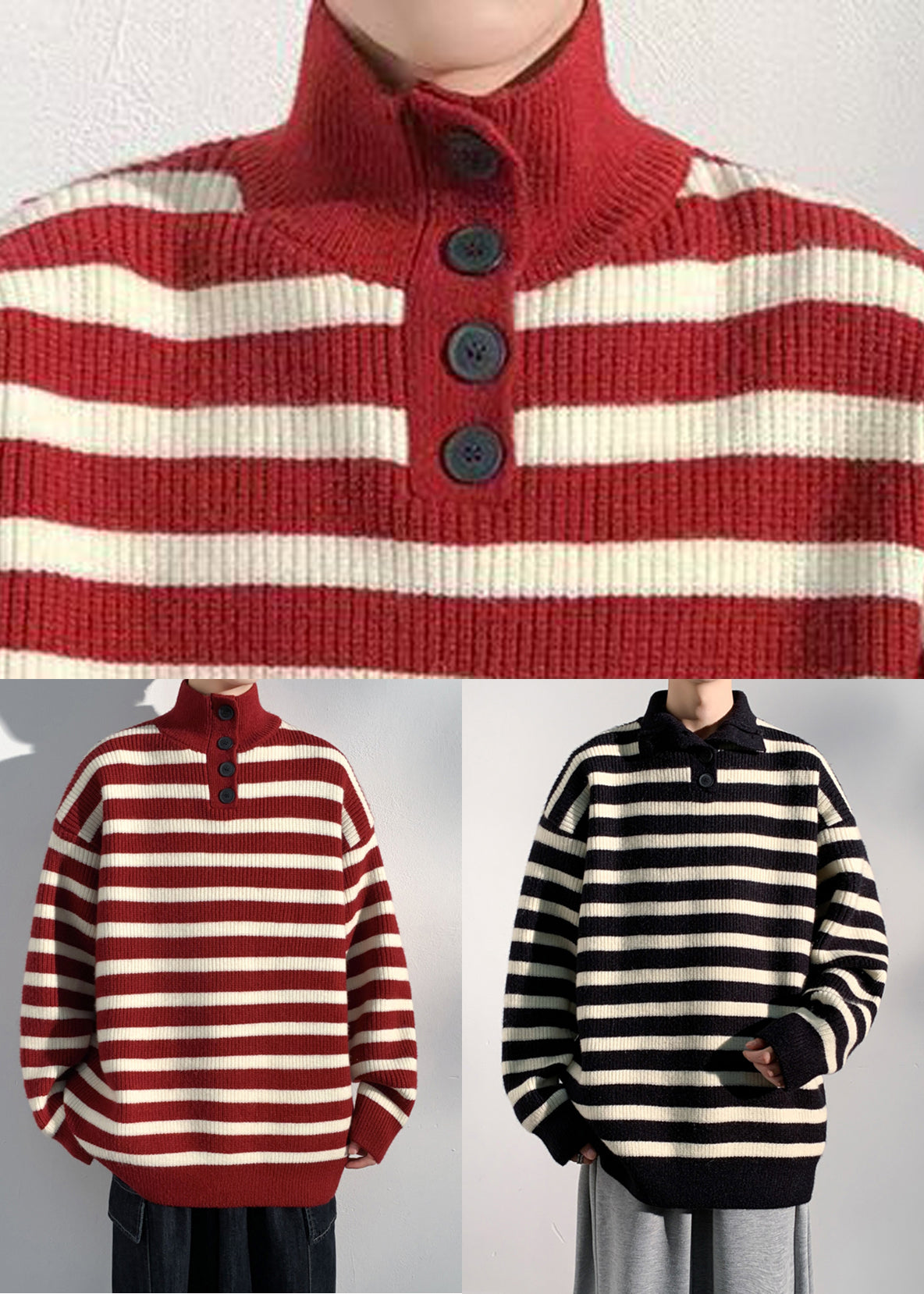 Red Striped Button Knit Sweaters Winter