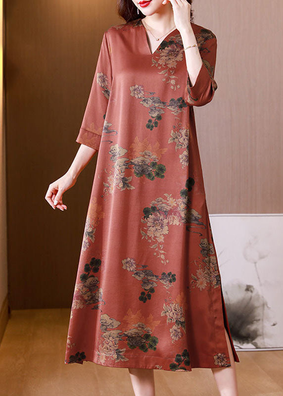 Red V Neck Print Side Open Silk Long Dress Half Sleeve