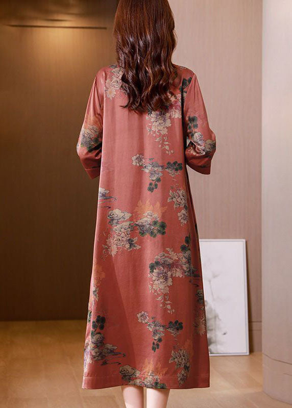 Red V Neck Print Side Open Silk Long Dress Half Sleeve