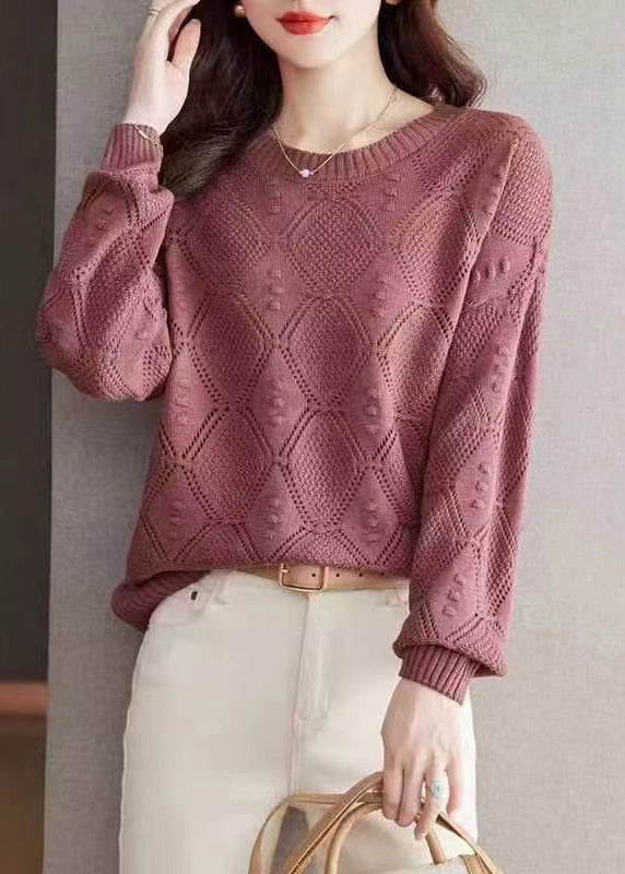 Rose O-neck Hollow Out Cotton Knitted Sweaters Spring
