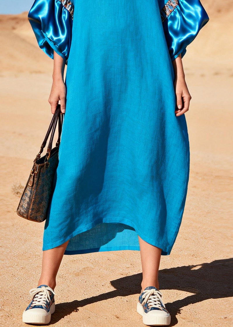 Sea Blue V Neck Patchwork Cotton Maxi Dress Lantern Sleeve